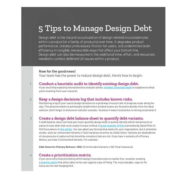 Image of 5 Tips to Manage Design Debt downloadable resource.